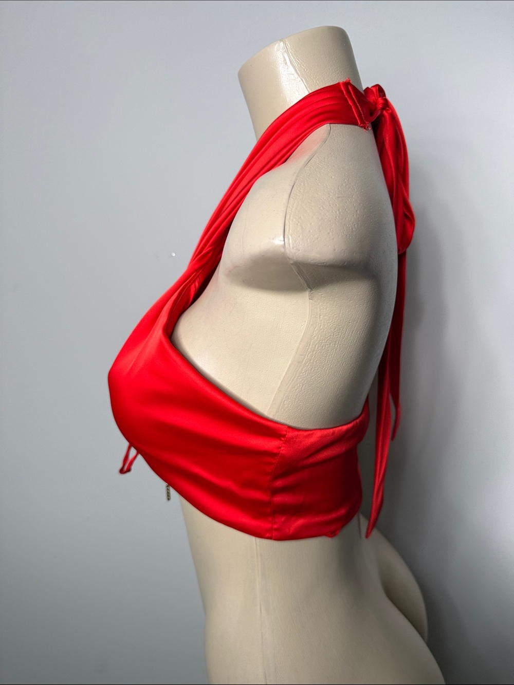 Red Satin Cross-Front Tie Bandeau Halter Top - Picture 3 of 5